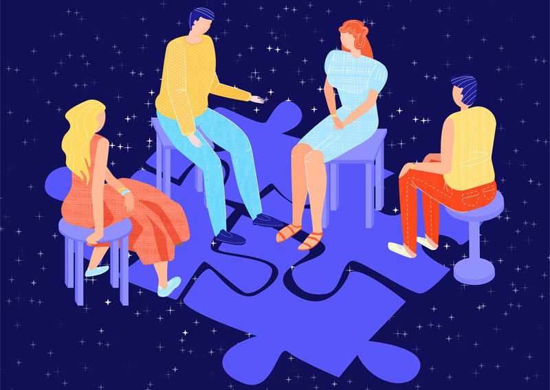 Alcoholics Anonymous, digital illustration of four people in chairs having a discussion - 12 steps
